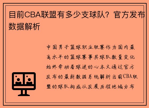 目前CBA联盟有多少支球队？官方发布数据解析